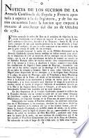 Noticia de los sucesos de la armada combinada de España y Francia apostada à esperar á la de Inglaterra, y de los varios encuentros hasta la funcion que empeyó a travarse al anochecer del dia 20 de octubre de 1782